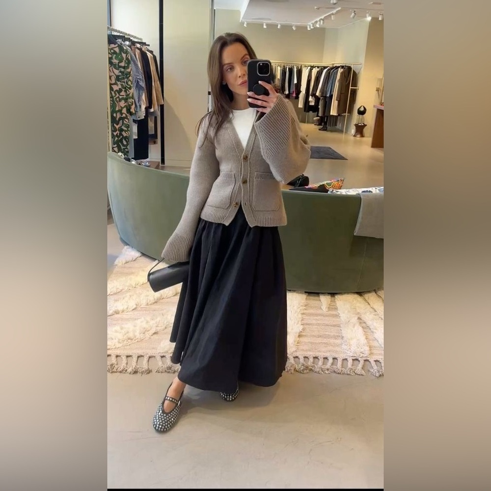 Women's Black Cotton Midi Skirt With Pockets Size M